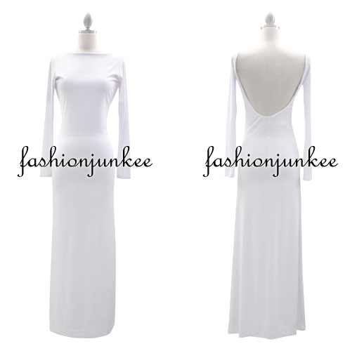 white long sleeve backless gown